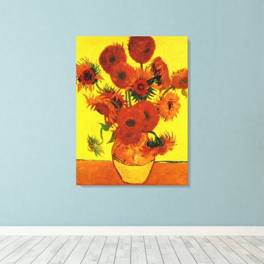 Nog steeds Life Vase met 15 zonnebloemen Vincent v Canvas Afdruk (Insitu (Houten vloer))