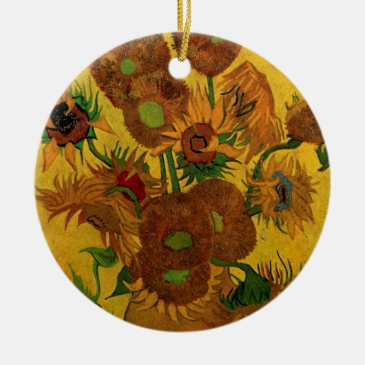 Nog steeds Life Vase met 15 zonnebloemen Vincent v Keramisch Ornament (Voorkant)