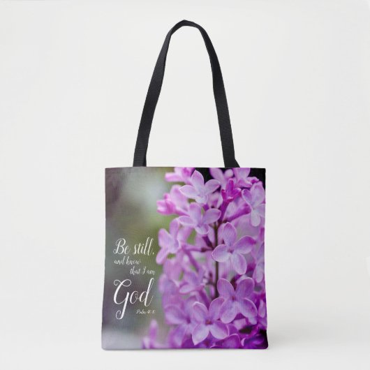 Nog steeds psalm 46:10 Paarse Lila bloemen Tote Bag (Voorkant)