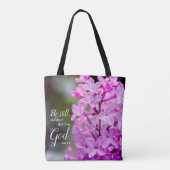 Nog steeds psalm 46:10 Paarse Lila bloemen Tote Bag (Achterkant)