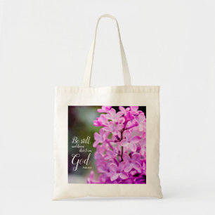 Nog steeds psalm 46:10 Paarse Lila bloemen Tote Bag