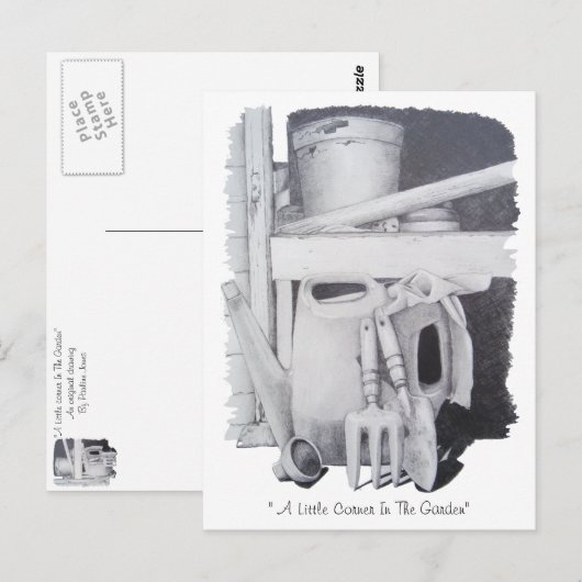 nog te gebruiken tekening van tuinwerktuigen voor  briefkaart (Voorkant / Achterkant)