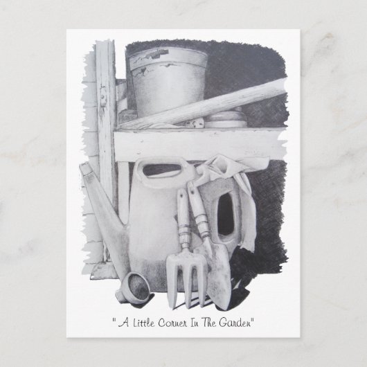 nog te gebruiken tekening van tuinwerktuigen voor  briefkaart (Voorkant)