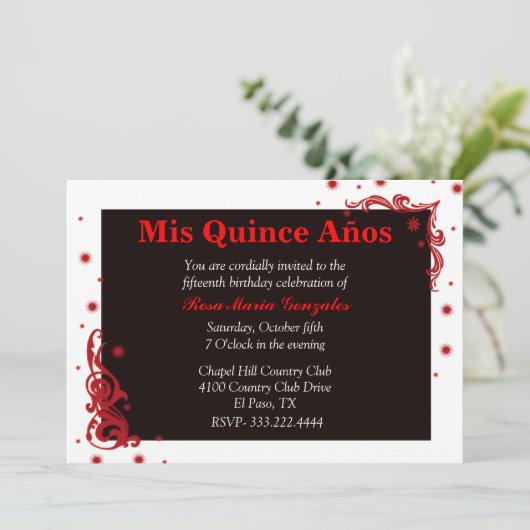 Nogmaals, zwart, rood en wit, feestelijk Quinceañe Kaart (Staand voorkant)