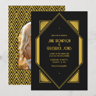 Noir & Champagne Goud Art Deco Huwelijksfoto Kaart