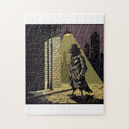 Noir Crow Detective in Rain Moody Comic Art Jigsaw Legpuzzel (Verticaal)