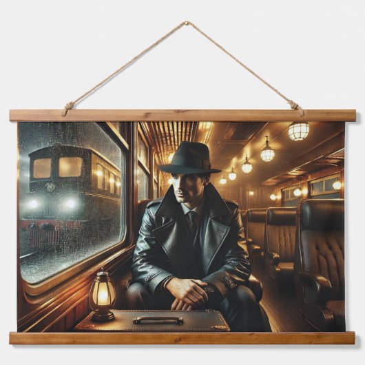 Noir detective op een regenachtige treinreis hangend wandkleed (Voorkant)
