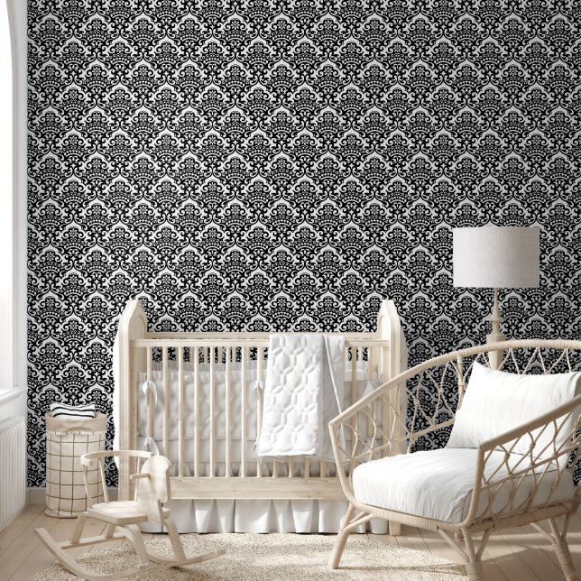 NOIR Jet Black Damask Naadloos patroon Behang (Kinderen)