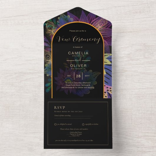 Noir Pauw Juweel Tinten Bloemrijke Huwelijksbeloft All In One Uitnodiging (Binnen)