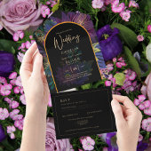 Noir Peacock Jewel Tones Floral Wedding All In One Uitnodiging