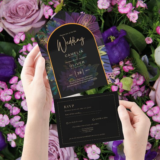 Noir Peacock Jewel Tones Floral Wedding All In One Uitnodiging