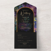 Noir Peacock Jewel Tones Floral Wedding All In One Uitnodiging (Binnen)