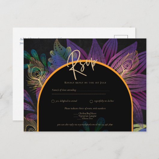 Noir Peacock Jewel Tones Floral Wedding Briefkaart (Voorkant / Achterkant)