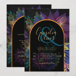 Noir Peacock Jewel Tones Floral Wedding Kaart