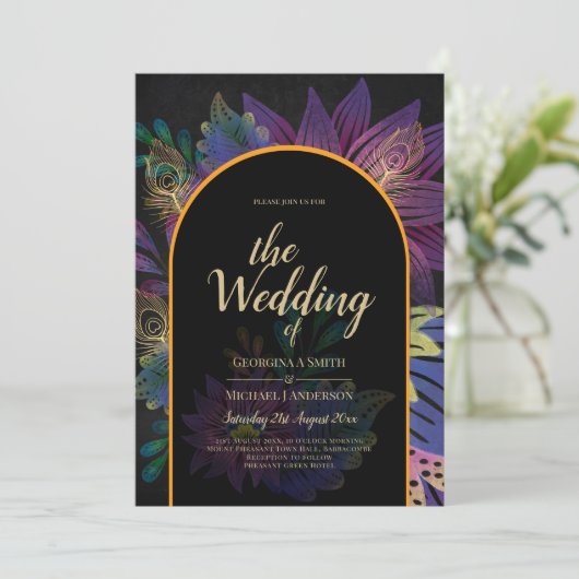 Noir Peacock Jewel Tones Floral Wedding Kaart (Staand voorkant)
