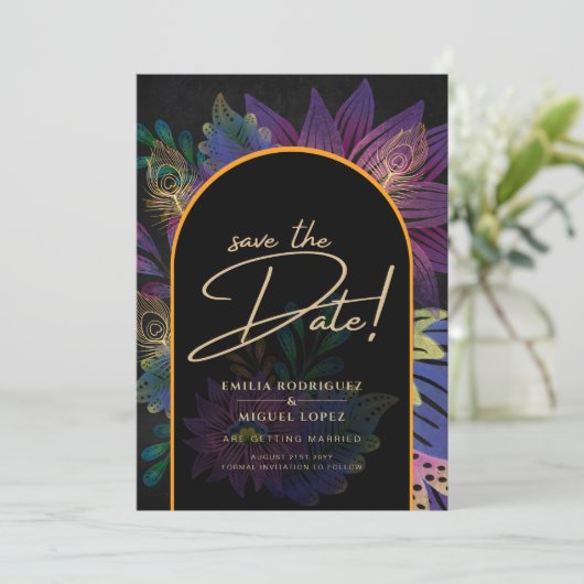 Noir Peacock Jewel Tones Floral Wedding Kaart (Staand voorkant)