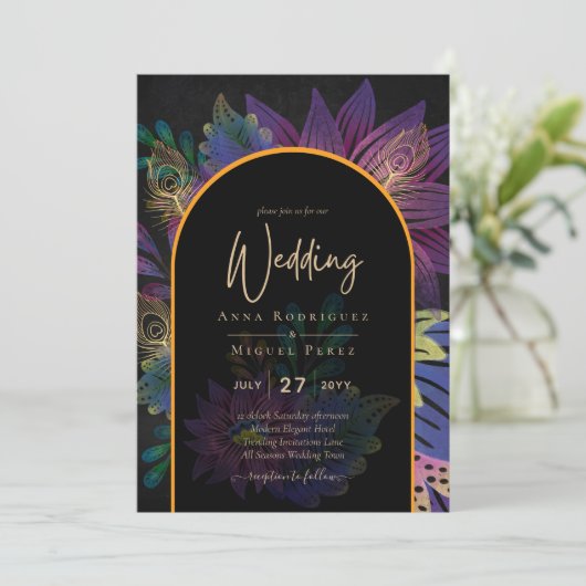 Noir Peacock Jewel Tones Floral Wedding Kaart (Staand voorkant)