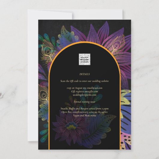Noir Peacock Jewel Tones Floral Wedding Kaart (Achterkant)