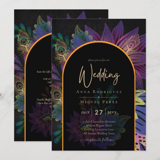 Noir Peacock Jewel Tones Floral Wedding Kaart (Voorkant / Achterkant)