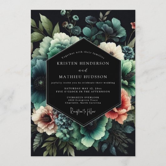 Noir Teal Bloom Wedding Kaart (Voorkant)