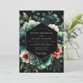 Noir Teal Bloom Wedding Kaart (Staand voorkant)