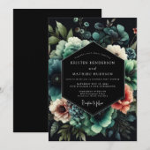 Noir Teal Bloom Wedding Kaart (Voorkant / Achterkant)