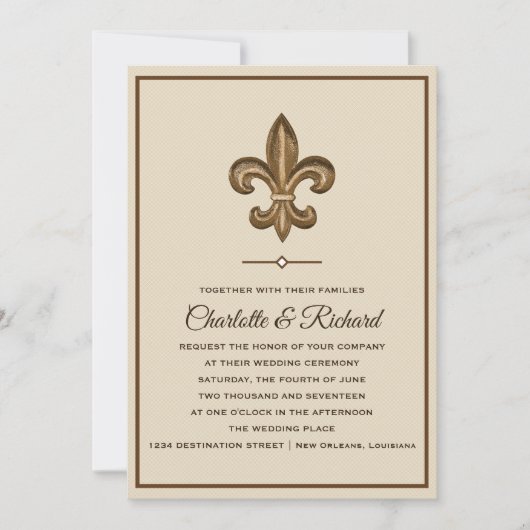 Nola Gold en Taupe French Fleur De Lis Wedding Kaart (Voorkant)