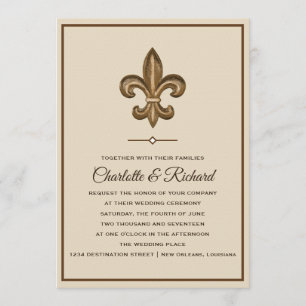 Nola Gold en Taupe French Fleur De Lis Wedding Kaart