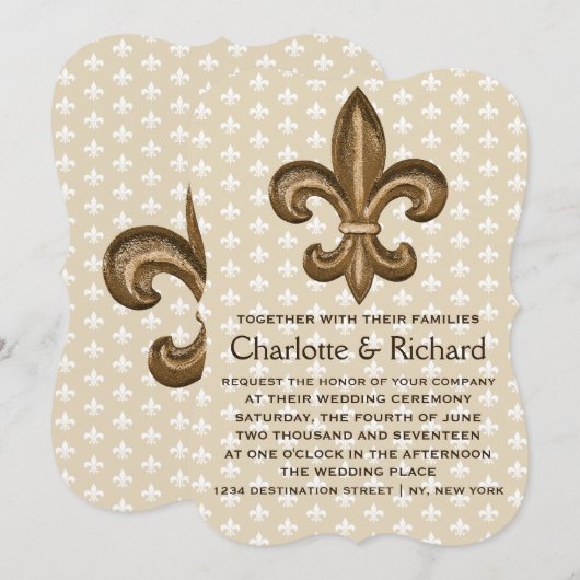 Nola Gold en White French Fleur De Lis Wedding Kaart (Voorkant / Achterkant)