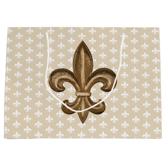 Nola Gold & White French Fleur De Lis Large Cadeautasje (Voorkant)