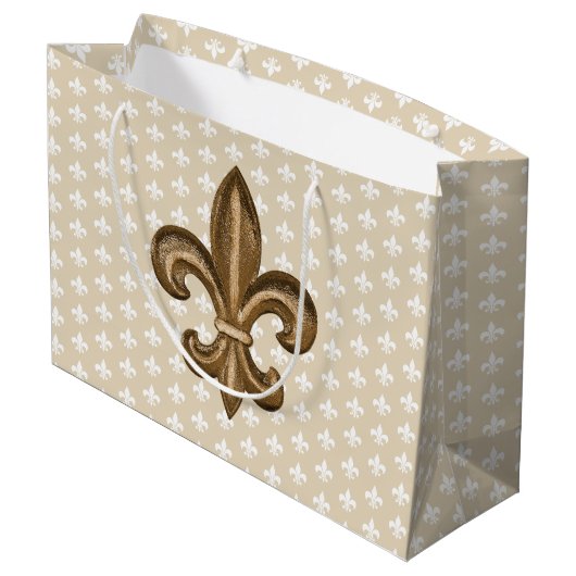 Nola Gold & White French Fleur De Lis Large Cadeautasje (Achterkant Gekanteld)