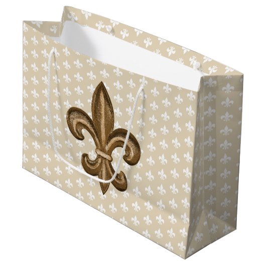 Nola Gold & White French Fleur De Lis Large Cadeautasje (Voorkant Gekanteld)