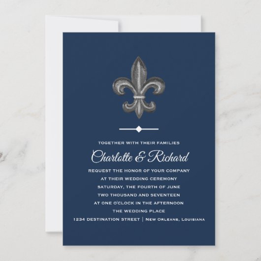 Nola Gray & Navy French Fleur De Lis Wedding Kaart (Voorkant)
