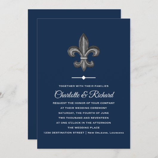 Nola Gray & Navy French Fleur De Lis Wedding Kaart (Voorkant / Achterkant)