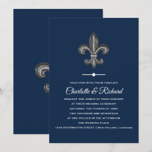 Nola Gray & Navy French Fleur De Lis Wedding Kaart