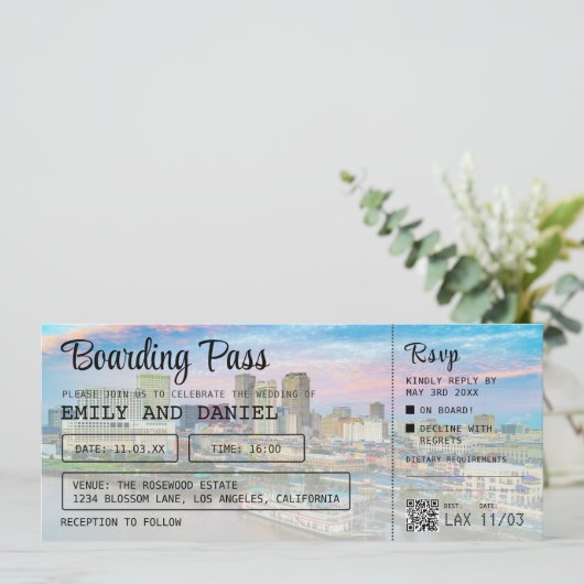 NOLA New Orleans Bestemming Boarding Pass Bruiloft Kaart (Staand voorkant)
