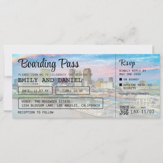 NOLA New Orleans Bestemming Boarding Pass Bruiloft Kaart (Voorkant)