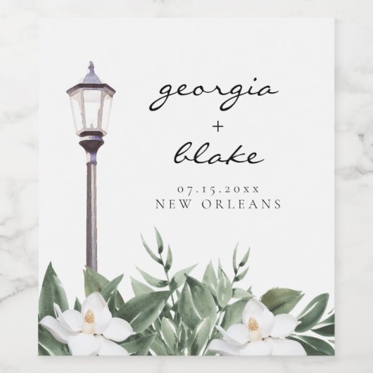 NOLA  New Orleans Magnolia Bruiloft Wijnlabel Wijn Etiket (Enkel label)