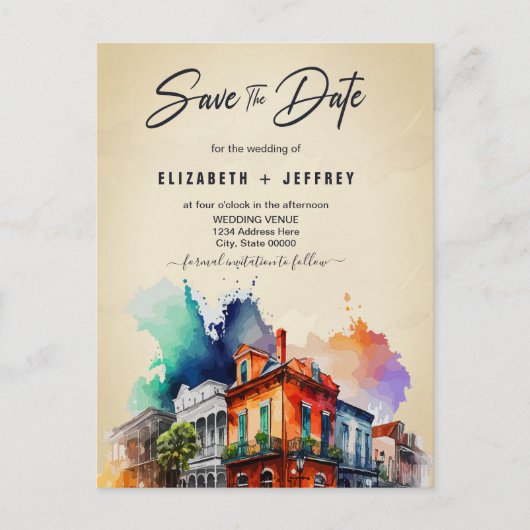 Nola Waterverf New Orleans Bruiloft Save The Date Briefkaart (Voorkant)