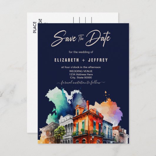 Nola Waterverf New Orleans Bruiloft Save The Date Briefkaart (Voorkant / Achterkant)