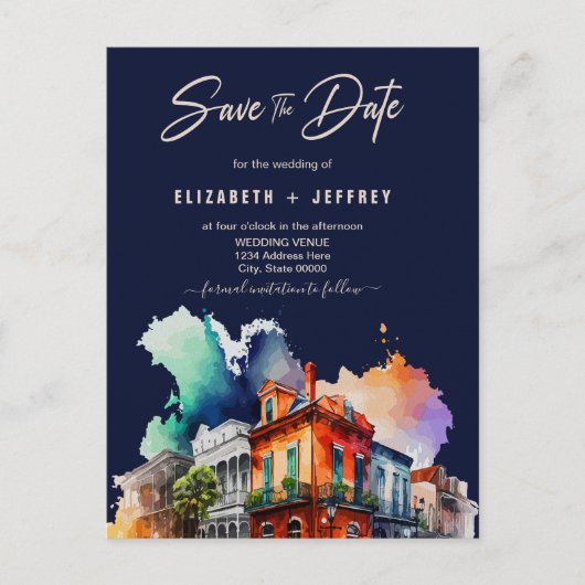 Nola Waterverf New Orleans Bruiloft Save The Date Briefkaart (Voorkant)