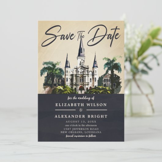 Nola Waterverf New Orleans Bruiloft Save The Date Kaart (Staand voorkant)