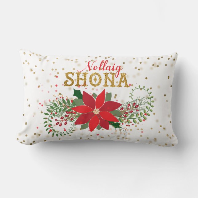 Nollaig Shona Gouden Glitter Poinsettia Kerstmis Kussen (Voorkant)
