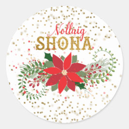 Nollaig Shona Gouden Glitter Poinsettia Kerstmis Ronde Sticker