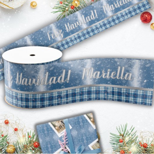 Nombre Spanish Feliz Navidad Elegante Azul Grosgrain Lint