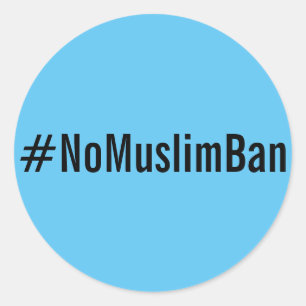#NoMuslimBan, zwarte tekst op helderblauwe sticker