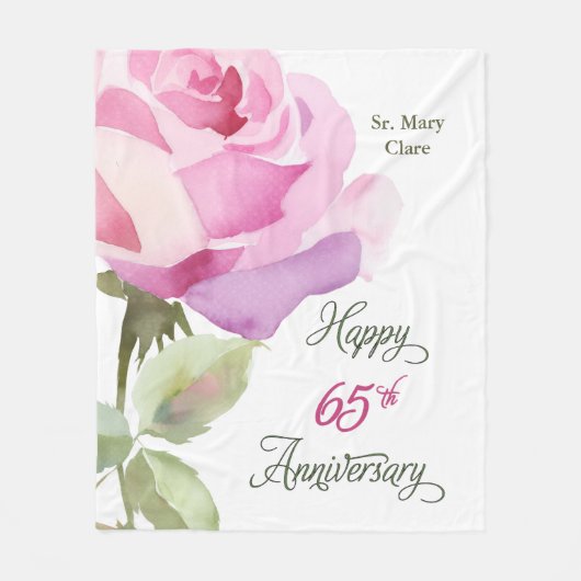 Non 65th Anniversary Aangepaste naam Roze Roos Fleece Deken (Voorkant)