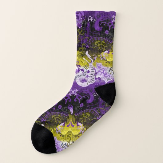 Non-Binary Dragon Damask - NonBinary Pride Vlag Sokken (Links - buitenkant)