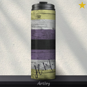 Non Binary Pride Flag LGBT Wood Grain Custom Name Thermosbeker
