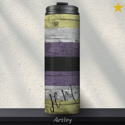 Non Binary Pride Flag LGBT Wood Grain Custom Name Thermosbeker